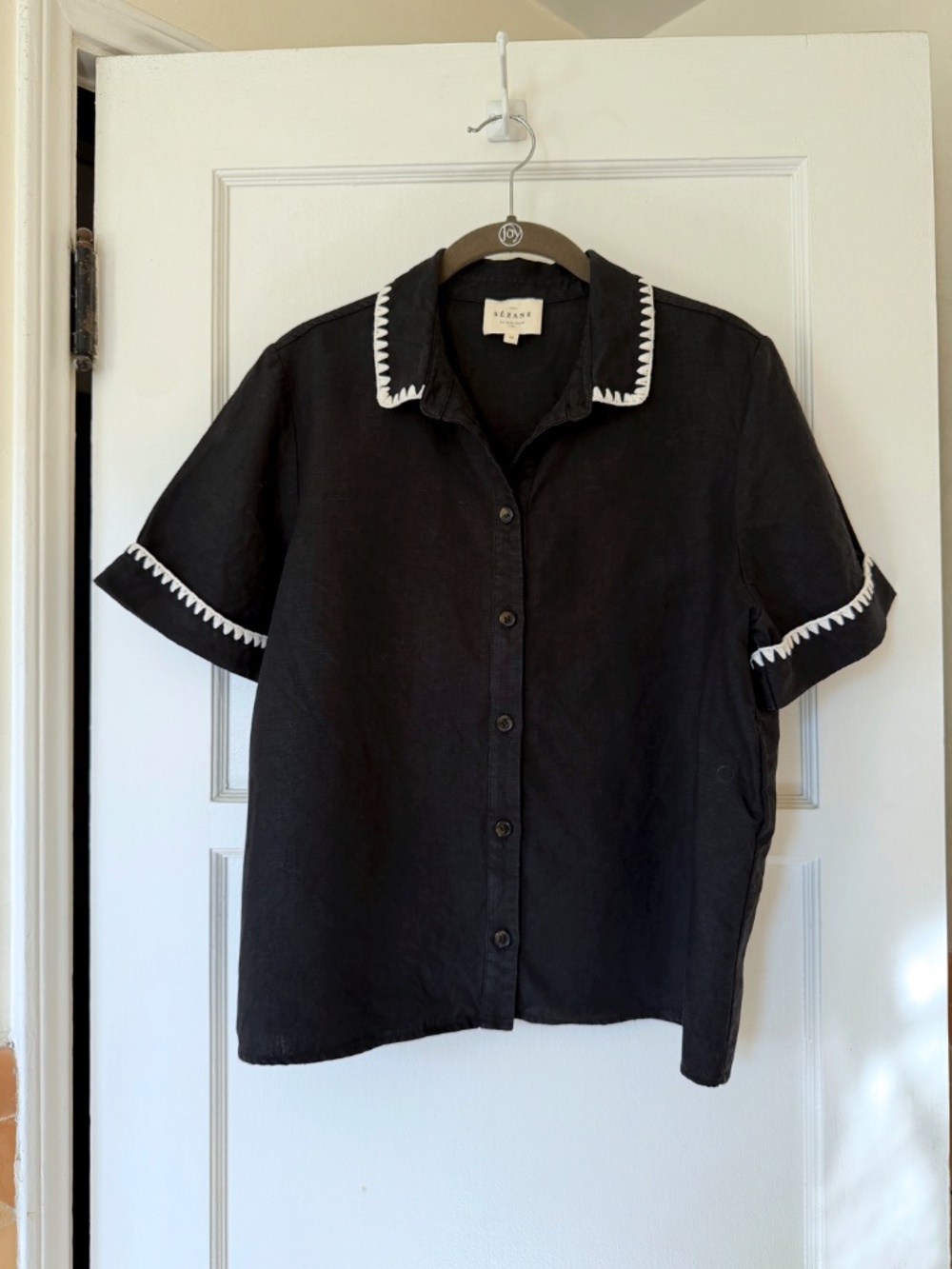 SEZANE LIVIA SHIRT Black with Ecru Trimming size 8 - Picture 2 of 5